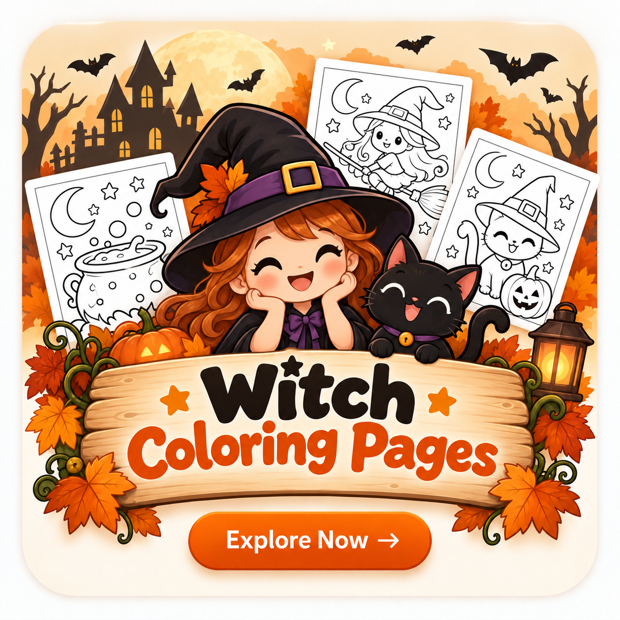 Witch Halloween Coloring Page Printable for Kids and Adults