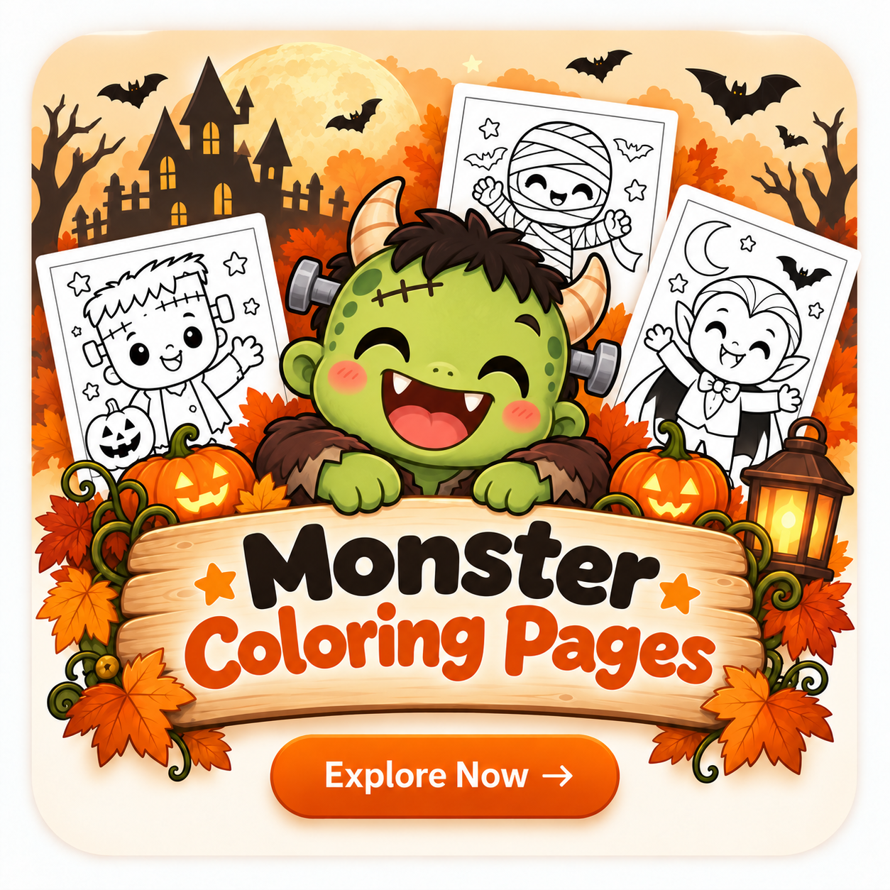 monster Halloween Coloring Page Printable for Kids and Adults
