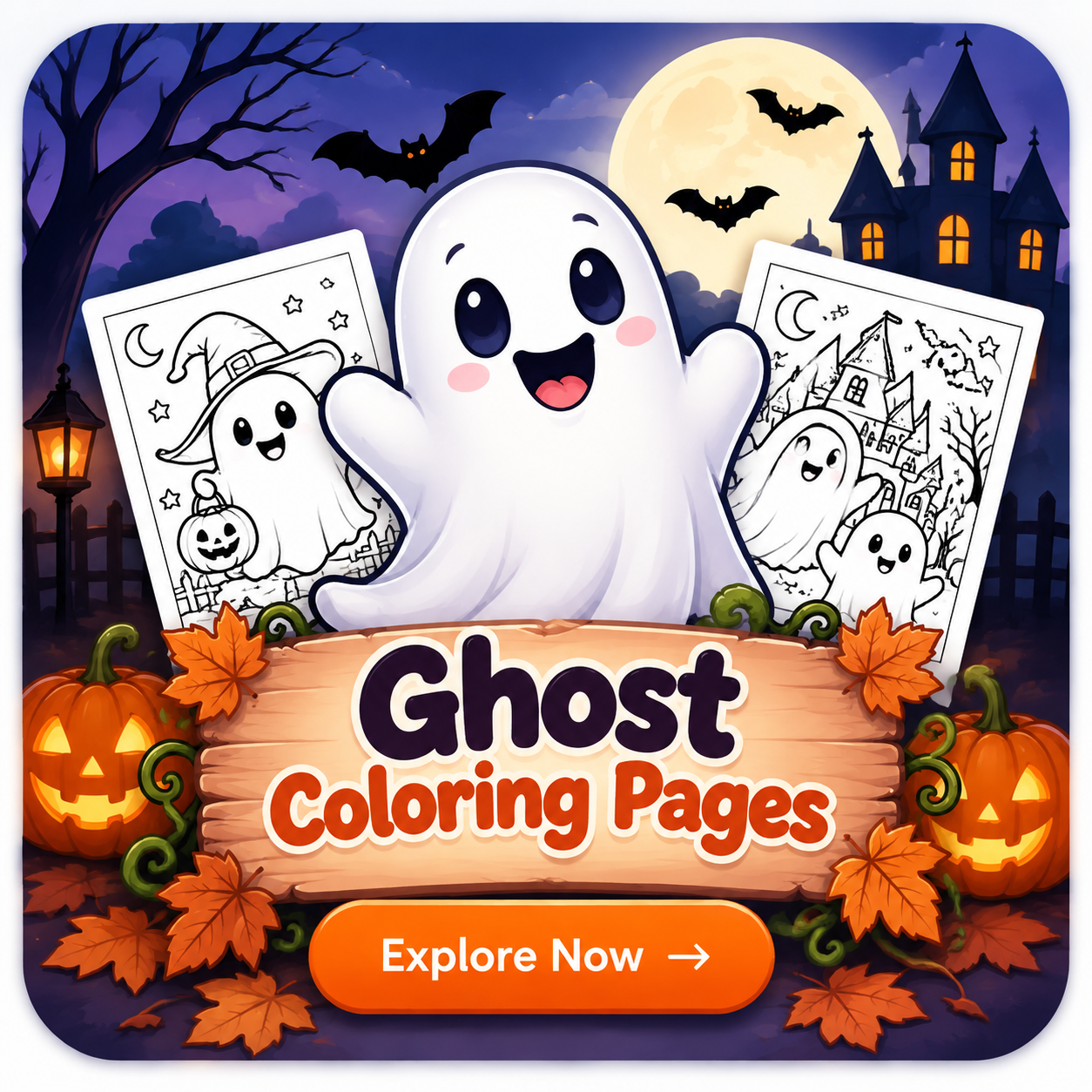 Ghost Halloween Coloring Page Printable for Kids and Adults