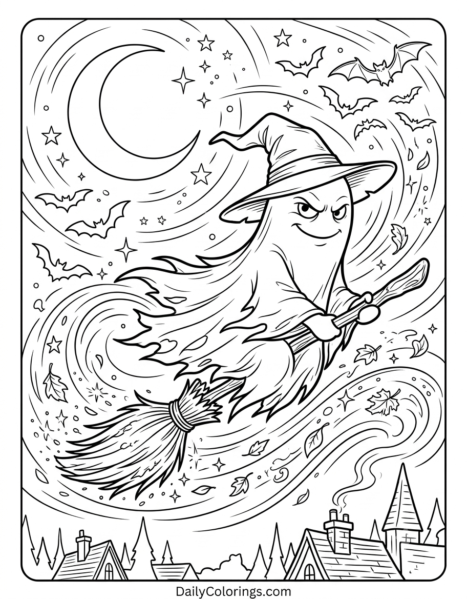Ghost on a Broomstick coloring page