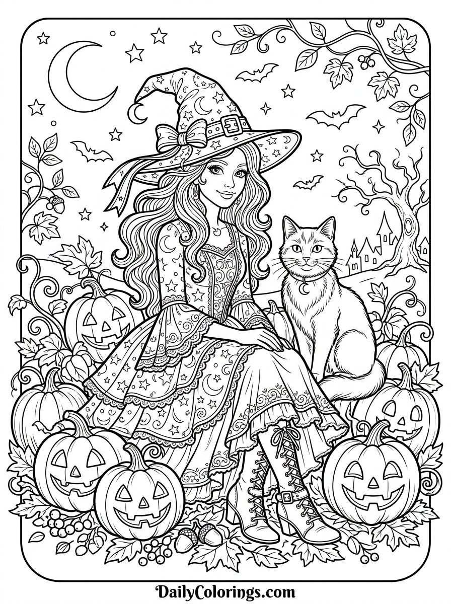 Witch with Black Cat coloring page