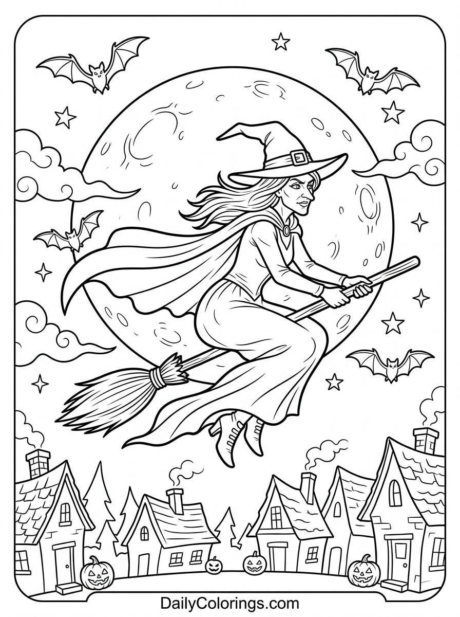 Witch on a Broomstick coloring page