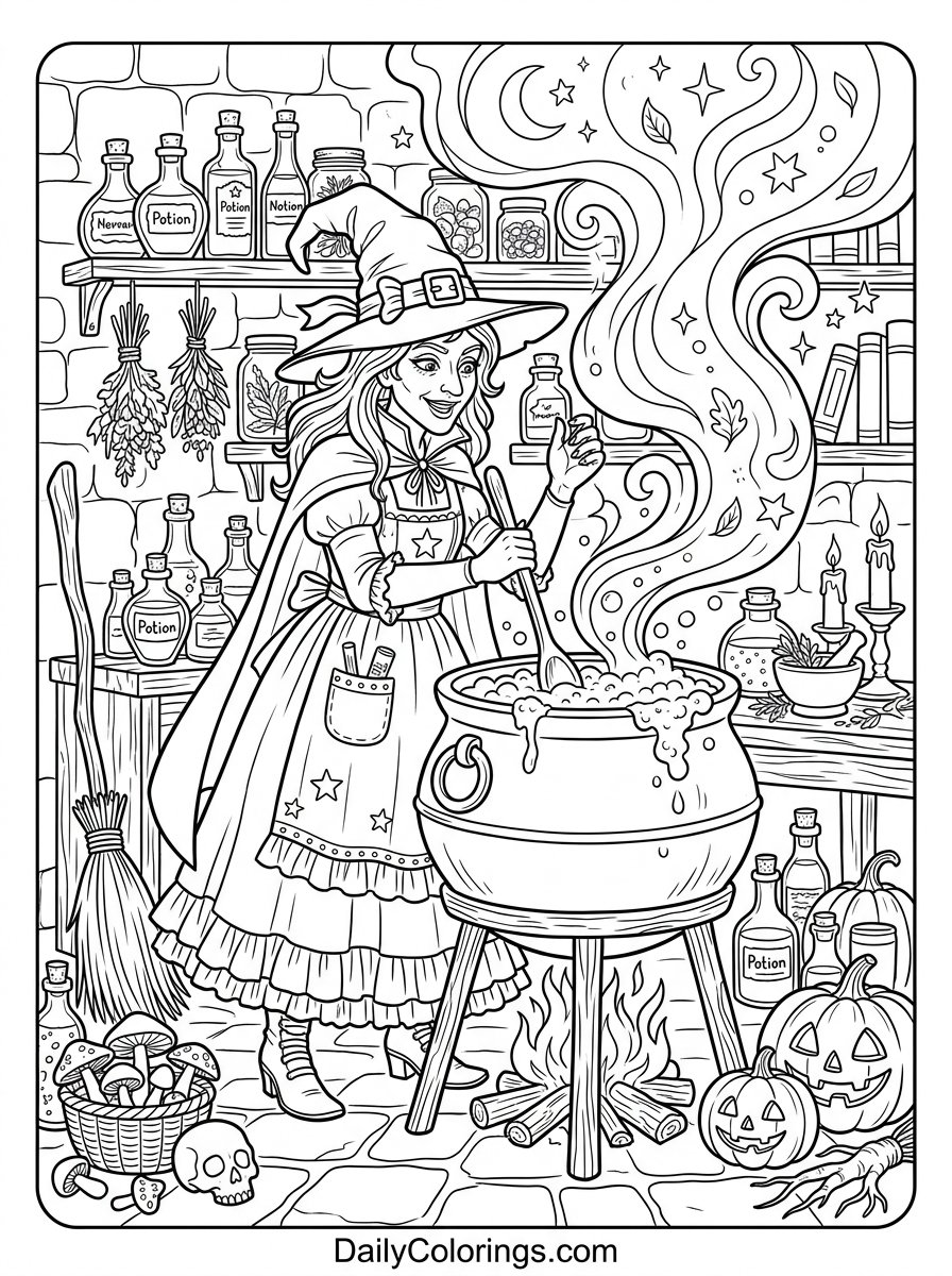 Witch Stirring a Cauldron coloring page