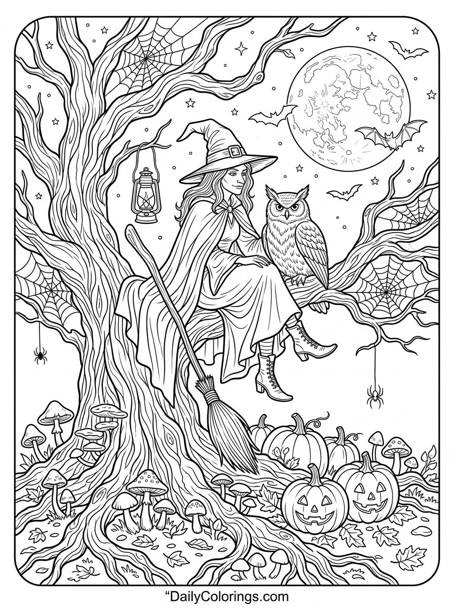 Witch with a Lantern coloring page